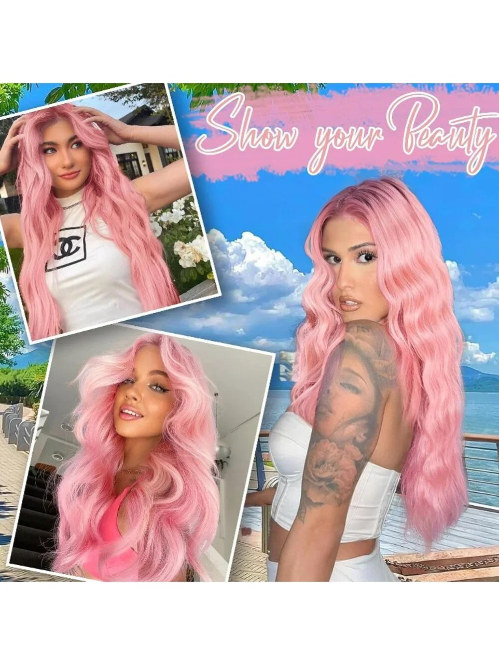 Women's Pink Lace Hairline 26 Inch Synthetic Heat Resistant Wavy Wigs